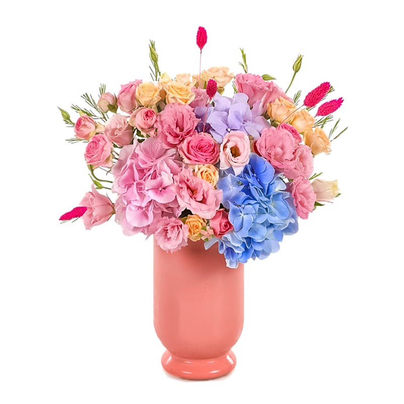 Pink Vase Full Of Hydrangea Ortanca