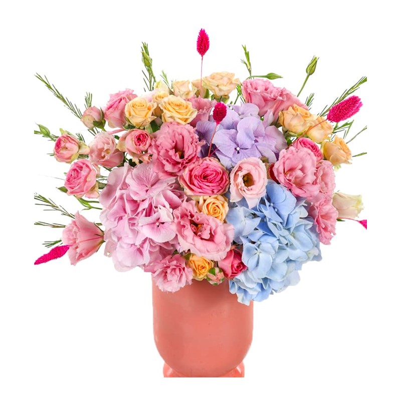 Pink Vase Full Of Hydrangea Ortanca