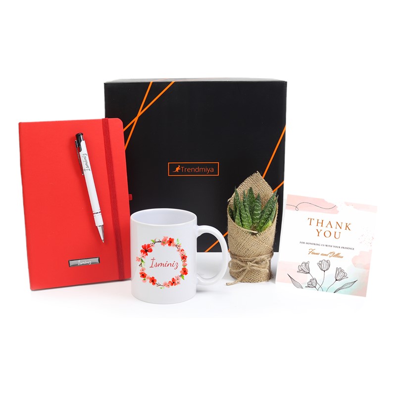 Kişiye Özel Defter & Kalem & Tasarım Kupa & Çiçek Hediye Seti