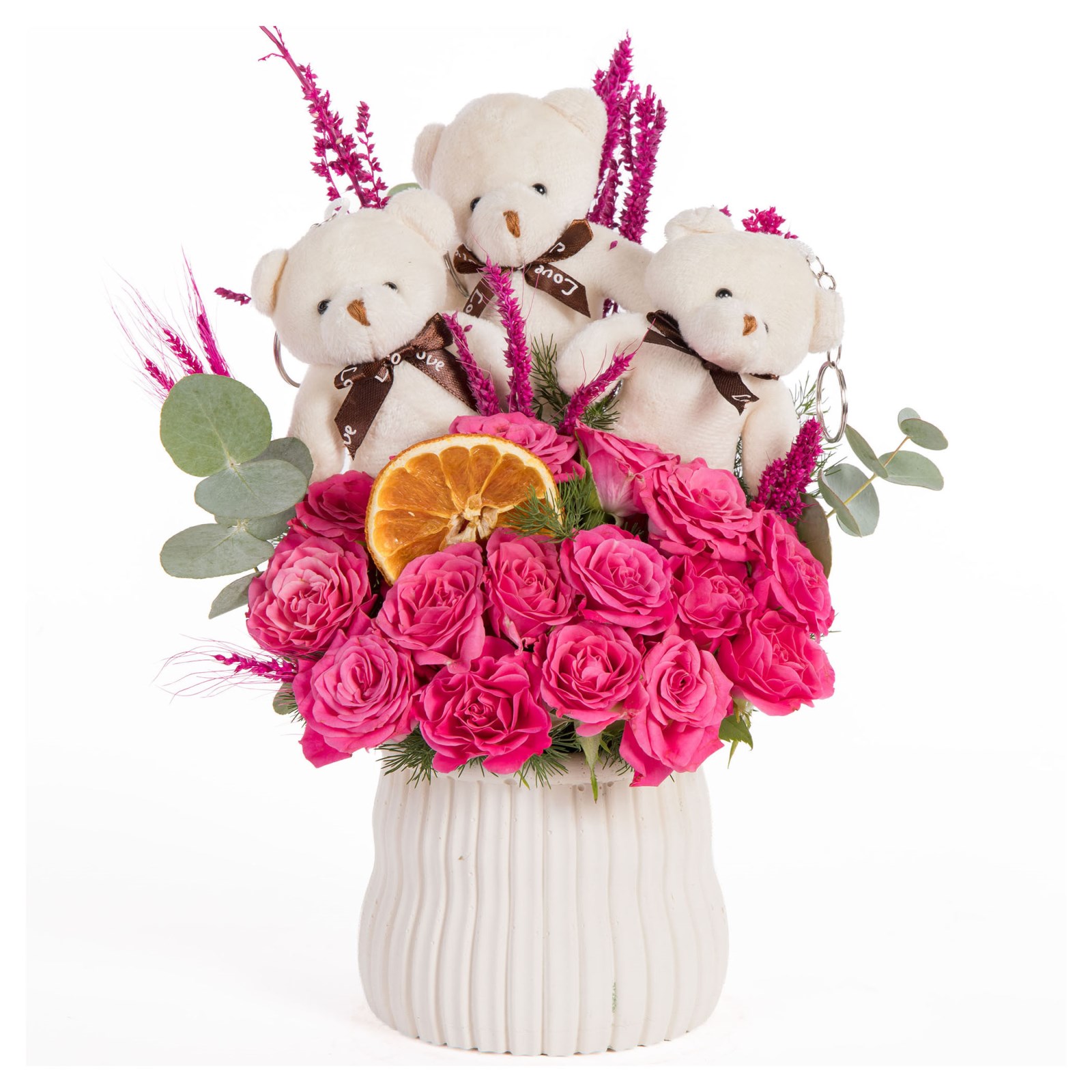 Teddy Trio Pembe Çardak Gül Aranjmanı