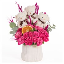 Teddy Trio Pembe Çardak Gül Aranjmanı