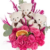 Teddy Trio Pembe Çardak Gül Aranjmanı