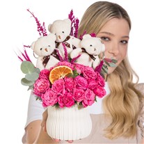 Teddy Trio Pembe Çardak Gül Aranjmanı
