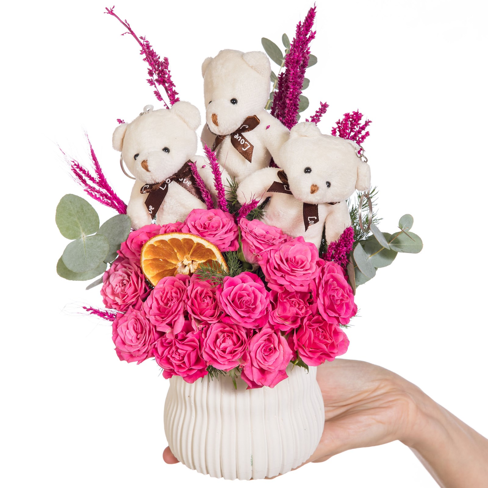 Teddy Trio Pembe Çardak Gül Aranjmanı