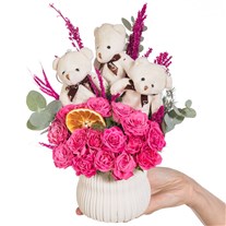 Teddy Trio Pembe Çardak Gül Aranjmanı