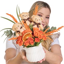 Teddy Fiesta Ayıcıklı Turuncu Güller