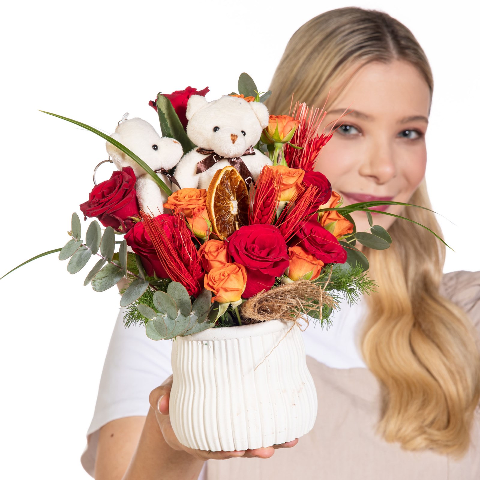 Teddy Glow Kırmızı ve Turuncu Güller