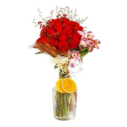 Hot Red Roses in Vase