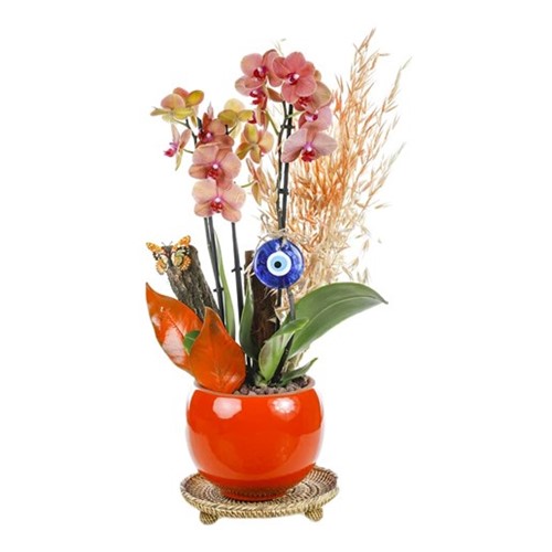 Orange Flower Pot and Evil Eye Bead