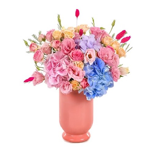 Pink Vase Full Of Hydrangea Ortanca
