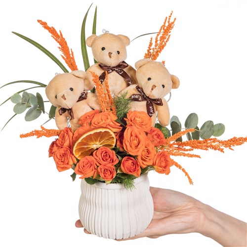 Teddy Fiesta Ayıcıklı Turuncu Güller