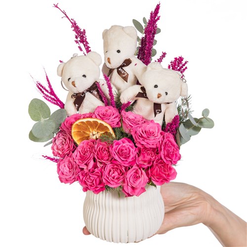 Teddy Trio Pembe Çardak Gül Aranjmanı